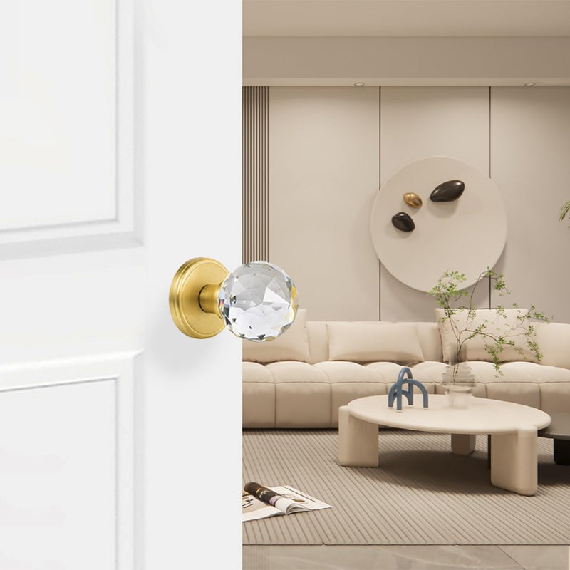 CLCTK Crystal Glass Door Knobs Interior, Round Door Knobs for Hall and Closet (Passage, Satin Brass) - Image 3